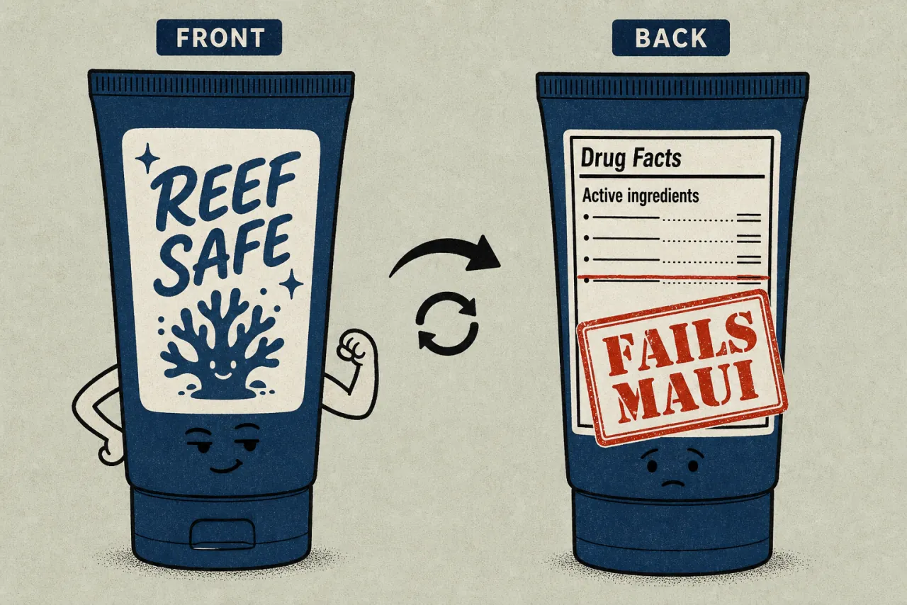 A sunscreen tube shown front and back. The front reads Reef Safe. The back shows a Drug Facts panel stamped Fails Maui.