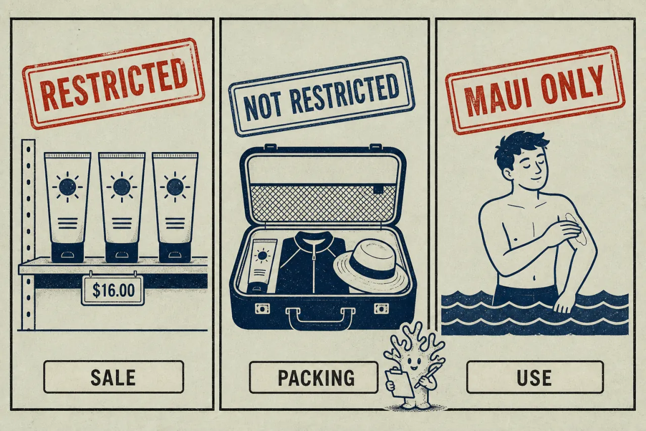 Three panels. A shop shelf stamped Restricted. A packed suitcase stamped Not Restricted. A swimmer applying lotion stamped Maui Only.